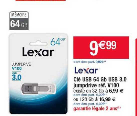 clé usb 64 gb usb 3.0 jumpdrive réf. v100 lexar