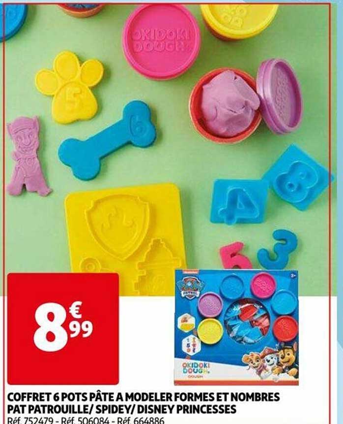 coffret 6 pots pâte à modeler formes et nombres pat patrouille - spidey - disney princesses