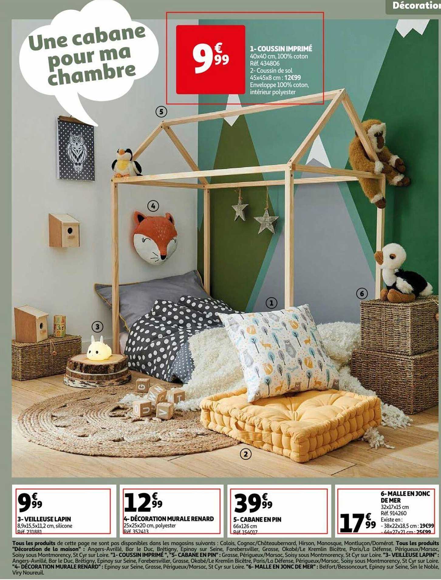 coussin imprimé, veilleuse lapin, décoration murale renard, cabane en pin, mal en jonc de mer