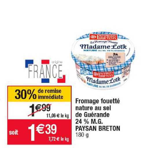 fromage fouetté nature au sel de guérande 24% m.g. paysan breton