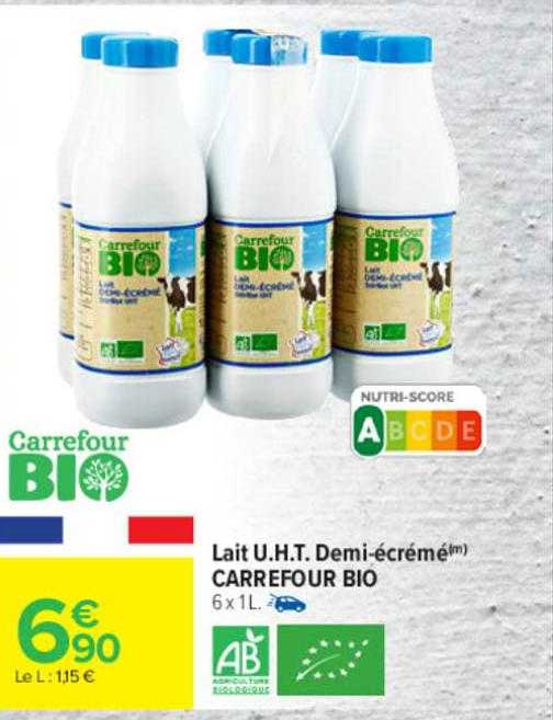 lait u.h.t. demi-écrémé carrefour bio