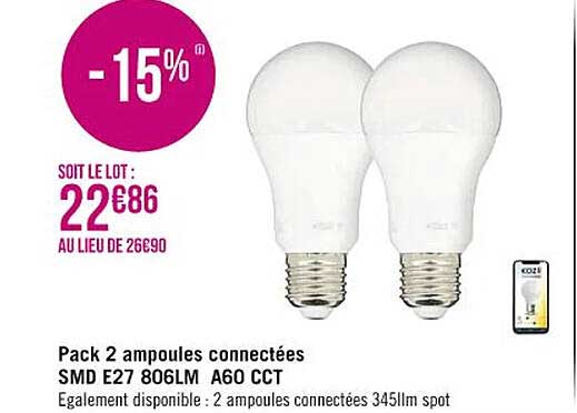 pack 2 ampoules connectées smd e27 806lm a60 cct