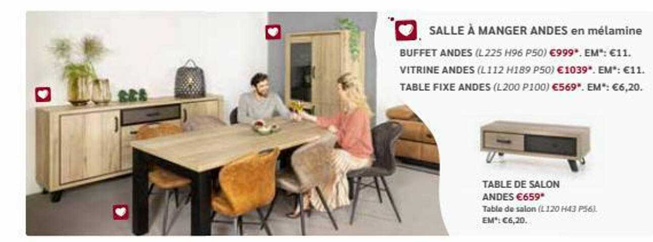 salle à manger andes en mélamine, table de salon andes