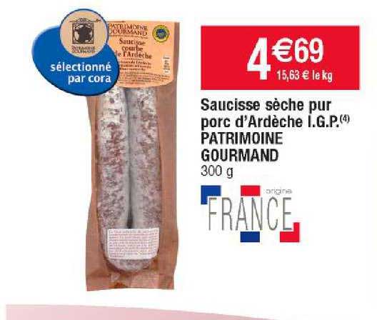 saucisse sèche pur porc d'ardèche i.g.p. patrimoine gourmand