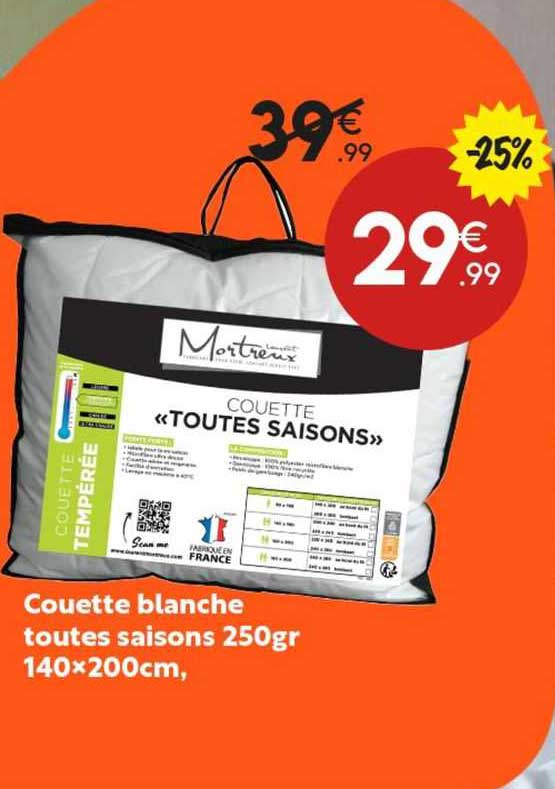 couette blanche toutes saisons 250gr 140 x 200 cm