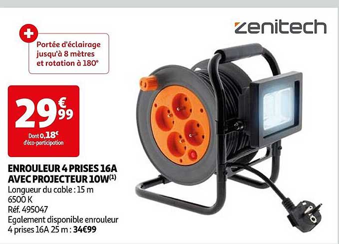 enrouleur 4 prises 16A avec projecteur 10 w zenitech