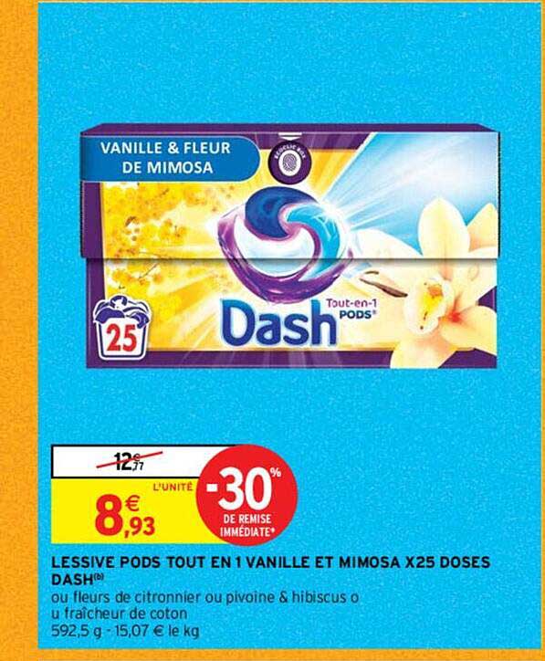 lessive pods tout en 1 vanille et mimosa x25 doses dash