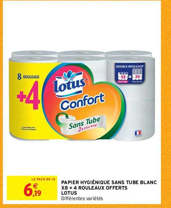 Papier Hygiénique Sans Tube Blanc X8 + 4 Rouleaux Offerts Lotus