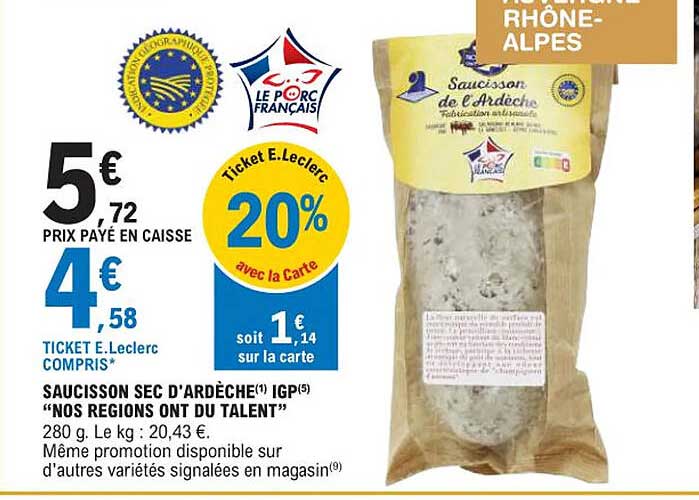 saucisson sec d'ardèche igp "nos régions ont du talent"