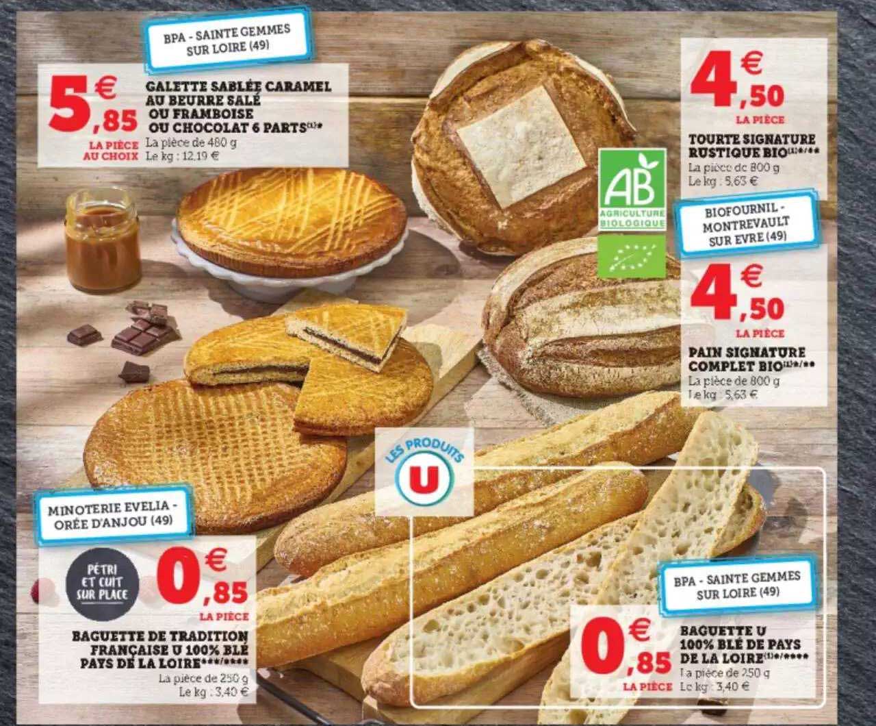 baguette de tradition française u 100% blé pays de la loire, baguette u 100% blé de pays de la loire, pain signature complet bio, tourte signature rustique bio, galette sablée caramel au beurre salé
