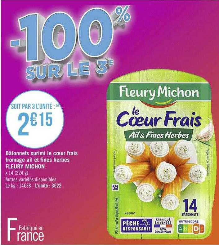 bâtonnets surimi le cœur frais fromage ail et fines herbes fleury michon