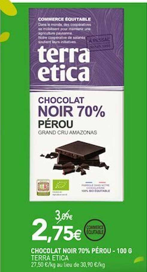 Chocolat Noir 70% Pérou Terra Etica