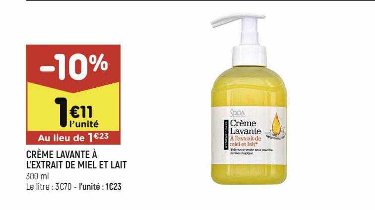 crème lavante à l'extrait de miel et lait