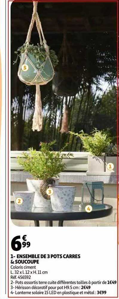 ensemble de 3 pots carrés & soucoupe