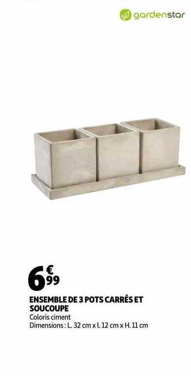 ensemble de 3 pots carrés et soucoupe