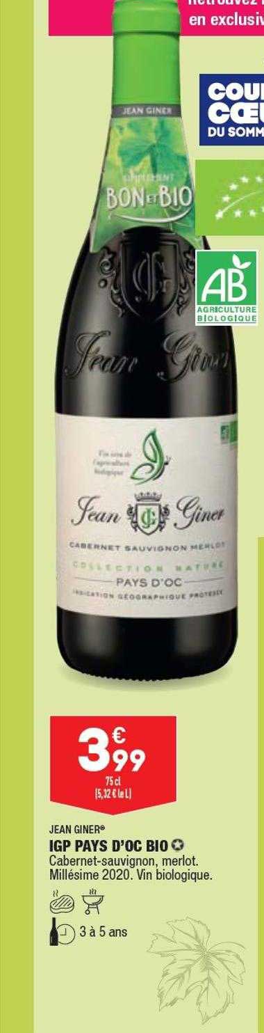 jean giner igp pays d'oc bio cabernet-sauvignon merlot millésime 2020 vin biologique