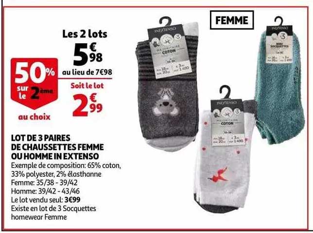 lot de 3 paires de chaussettes femme ou homme in extenso