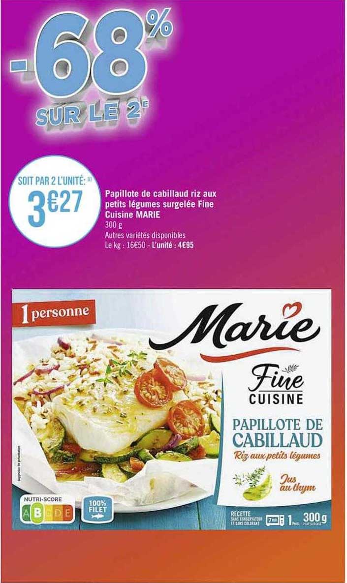 Papillote De Cabillaud Riz Aux Petits Légumes Surgelée Fine Cuisine Marie