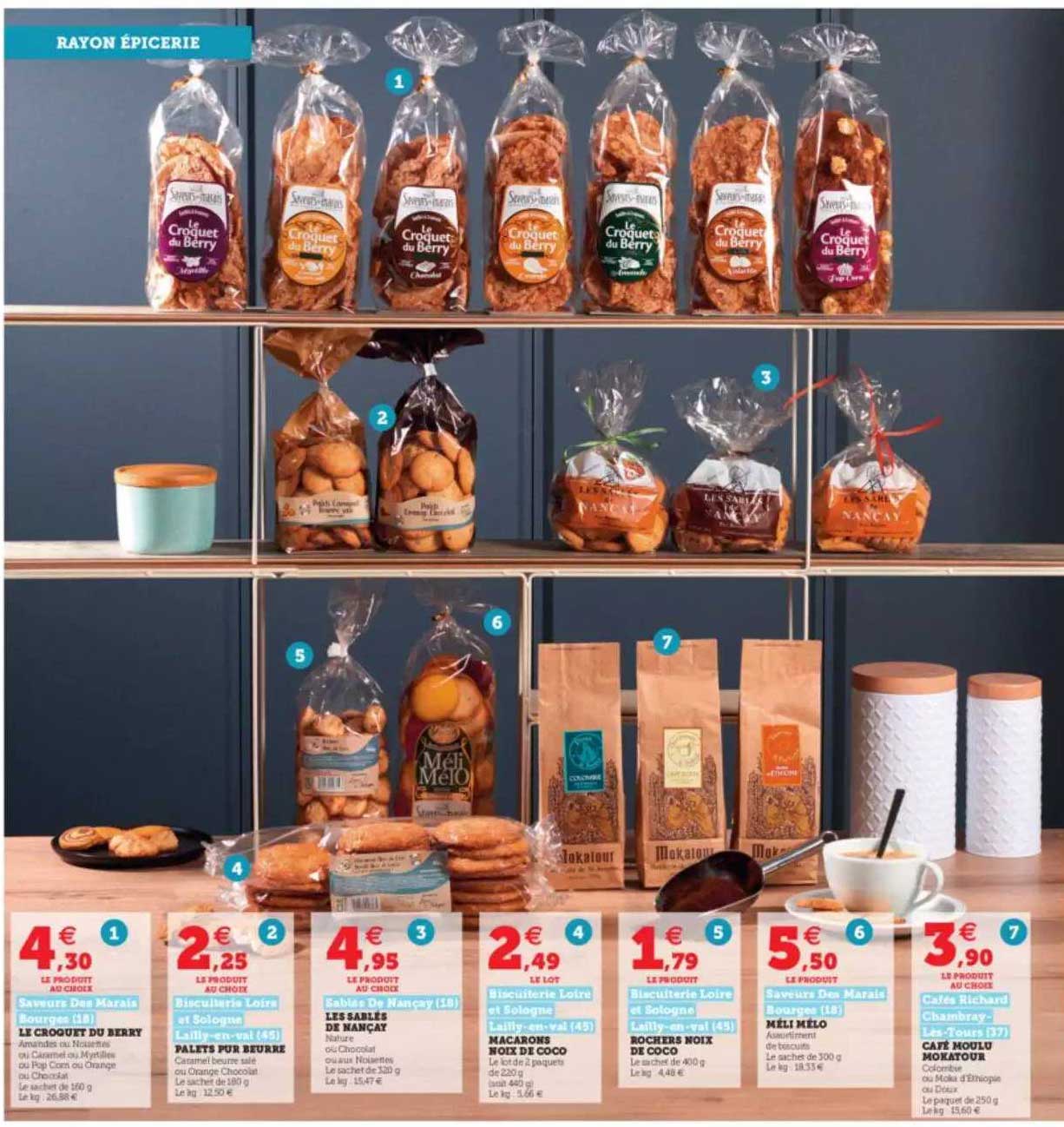 rayon épicerie : le croquet du berry, palets pur beurre, les sablés de nançay, macarons noix de coco, rochers noix de coco, méli mélo, café moulu mokatour