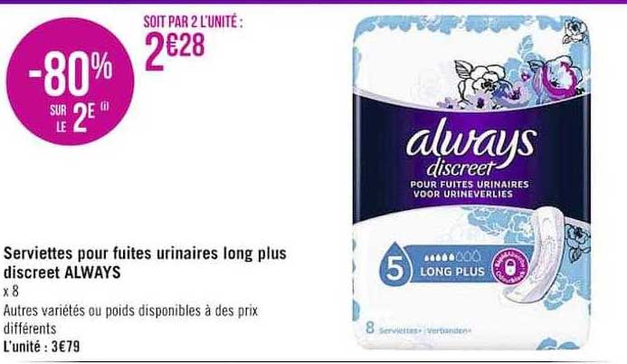 serviettes pour fuites urinaires long plus discreet always