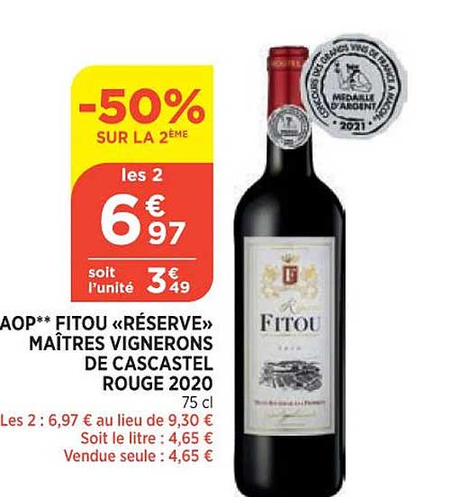 aop fitou «réserve» maîtres vignerons de cascastel rouge 2020