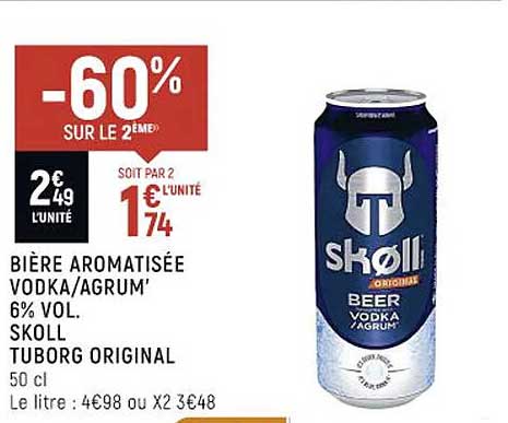 bière aromatisée vodka - agrum' 6% vol. skoll tuborg original