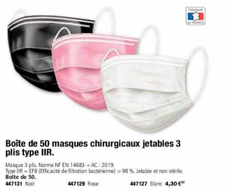 boîte de 50 masques chirurgicaux jetables 3 plis type IIR
