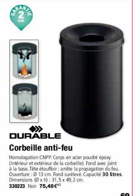 corbeille anti-feu durable
