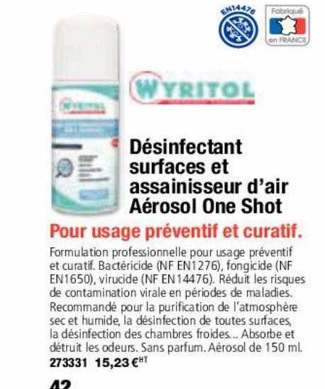 désinfectant surfaces et assainisseur d'air aérosol one shot wyritol