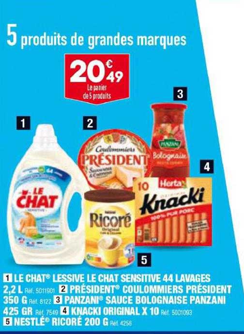 le chat sensitive 44 lavages, coulommiers président, sauce bolognaise panzani, knacki sauce bolognaise panzani, knacki original x10, nestlé ricoré