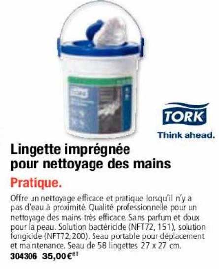 lingette imprégnée pour nettoyage des mains tork