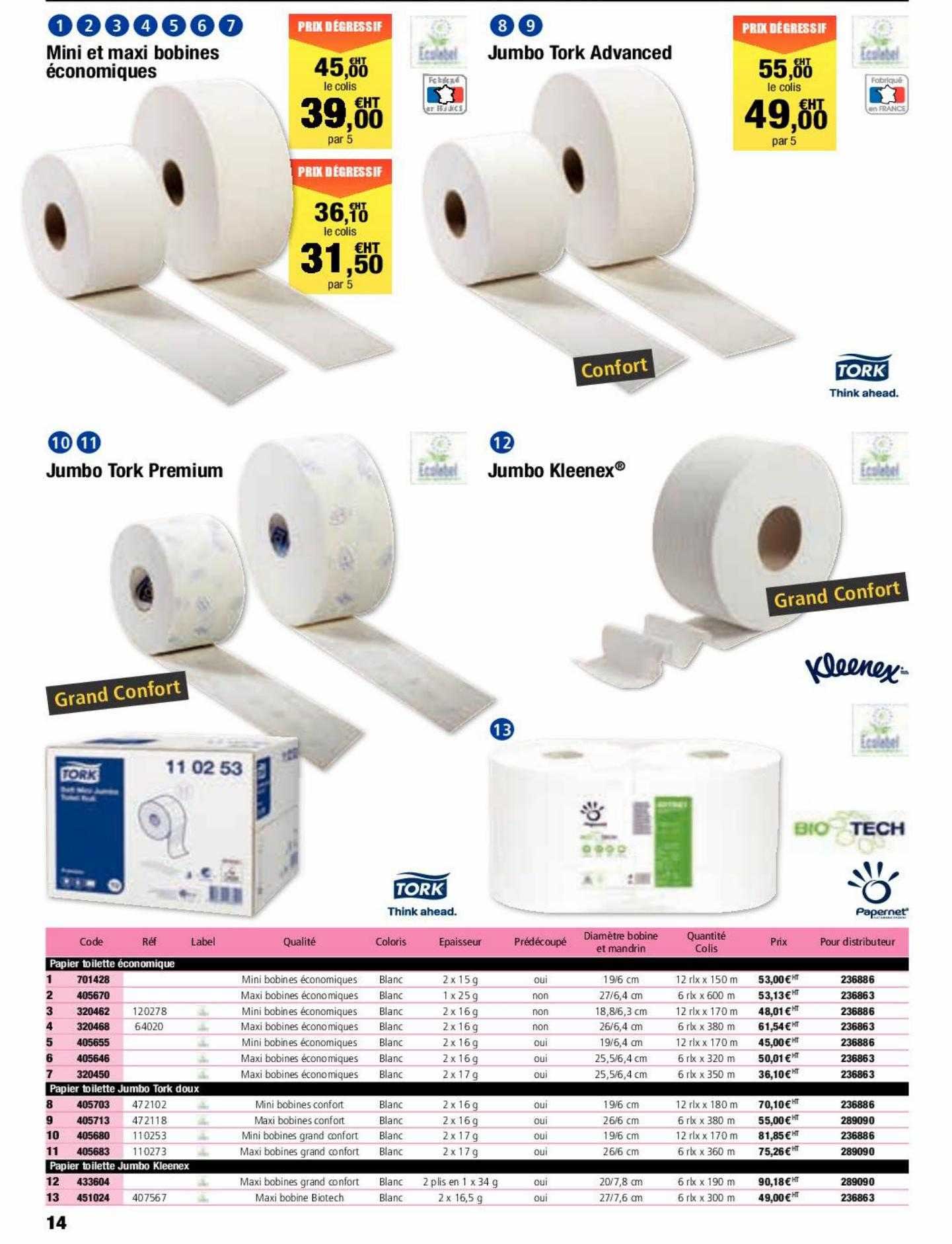 mini et maxi bobines économiques, jumbo tork advanced, jumbo tork premium, jumbo kleenex