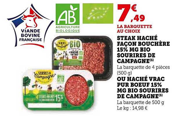 steak haché façon bouchère 15% mg bio sourires de campagne ou haché vrac pur bœuf 15% mg bio sourires de campagne