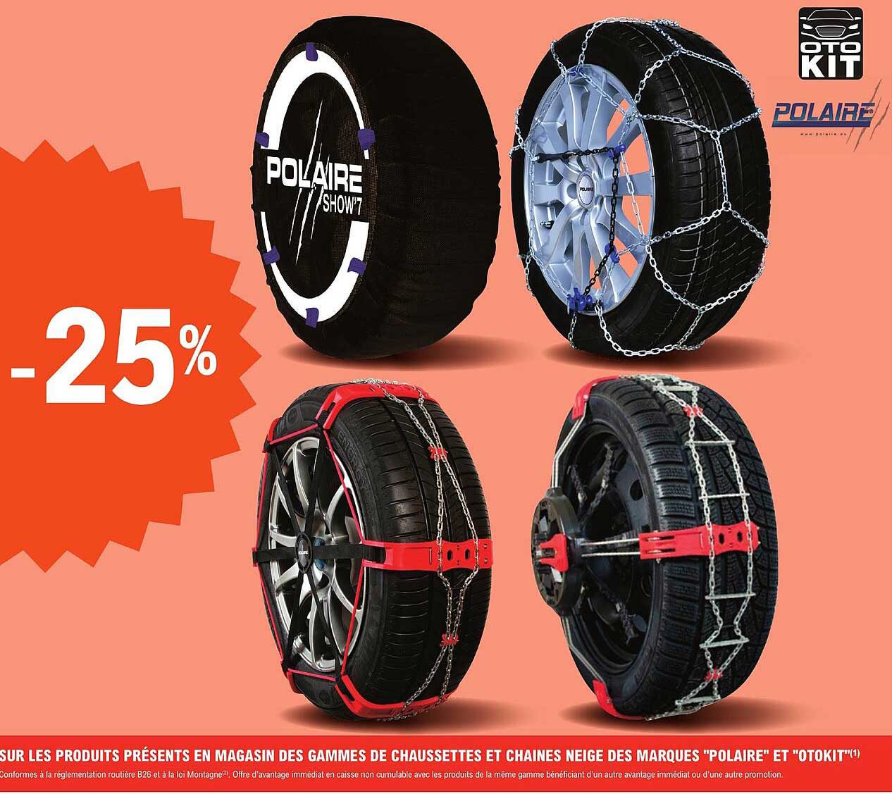 des gammes de chaussettes et chaînes neige des marques "polaire" et "otokit"