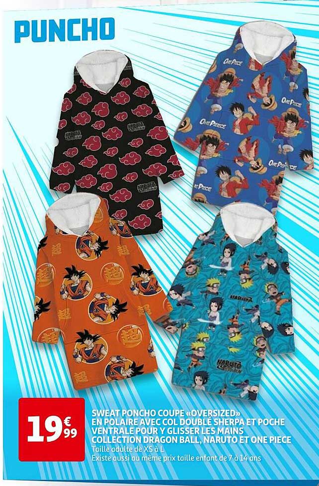 sweat poncho coupe «oversized» en polaire avec col double sherpa et poche ventrale pour y glisser les mains collection dragon ball, naruto et one piece