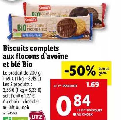 biscuits complets aux flocons d'avoine et blé bio sondey