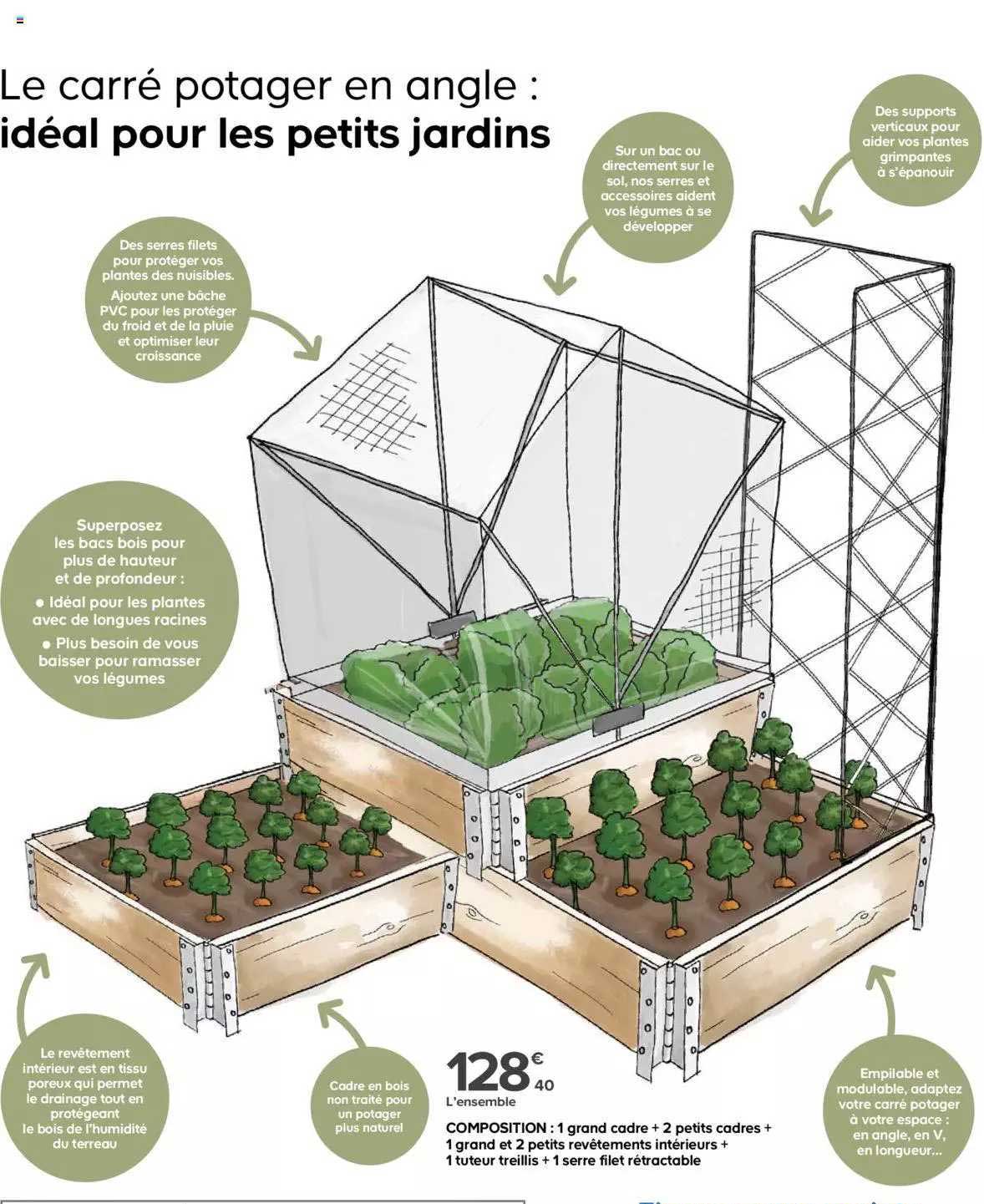 L'ensemble : 1 Grand Cadre + 2 Petits Cadres + 1 Grand Et 2 Petits Revêtements Intérieurs + 1 Tuteur Treillis + 1 Serres Filet Rétractable