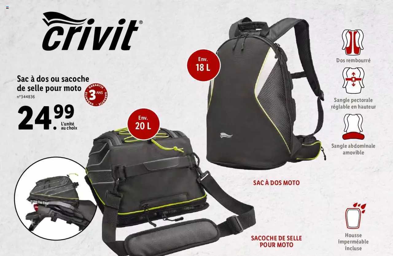 sac à dos ou sacoche de selle pour moto crivit