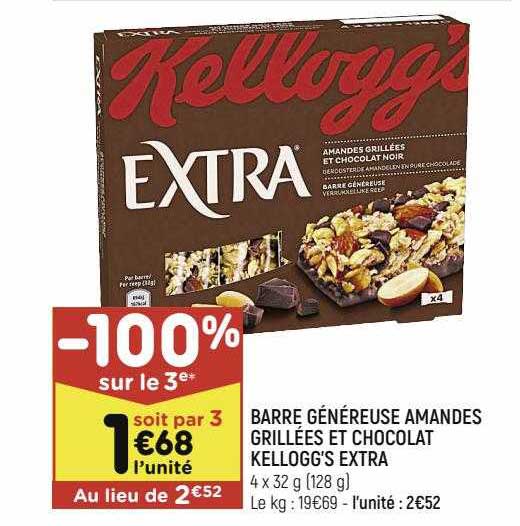 barre généreuse amandes grillées et chocolat kellogg's extra