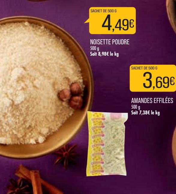 noisette poudre, amandes effilées