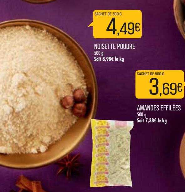 noisette poudre, amandes effilées