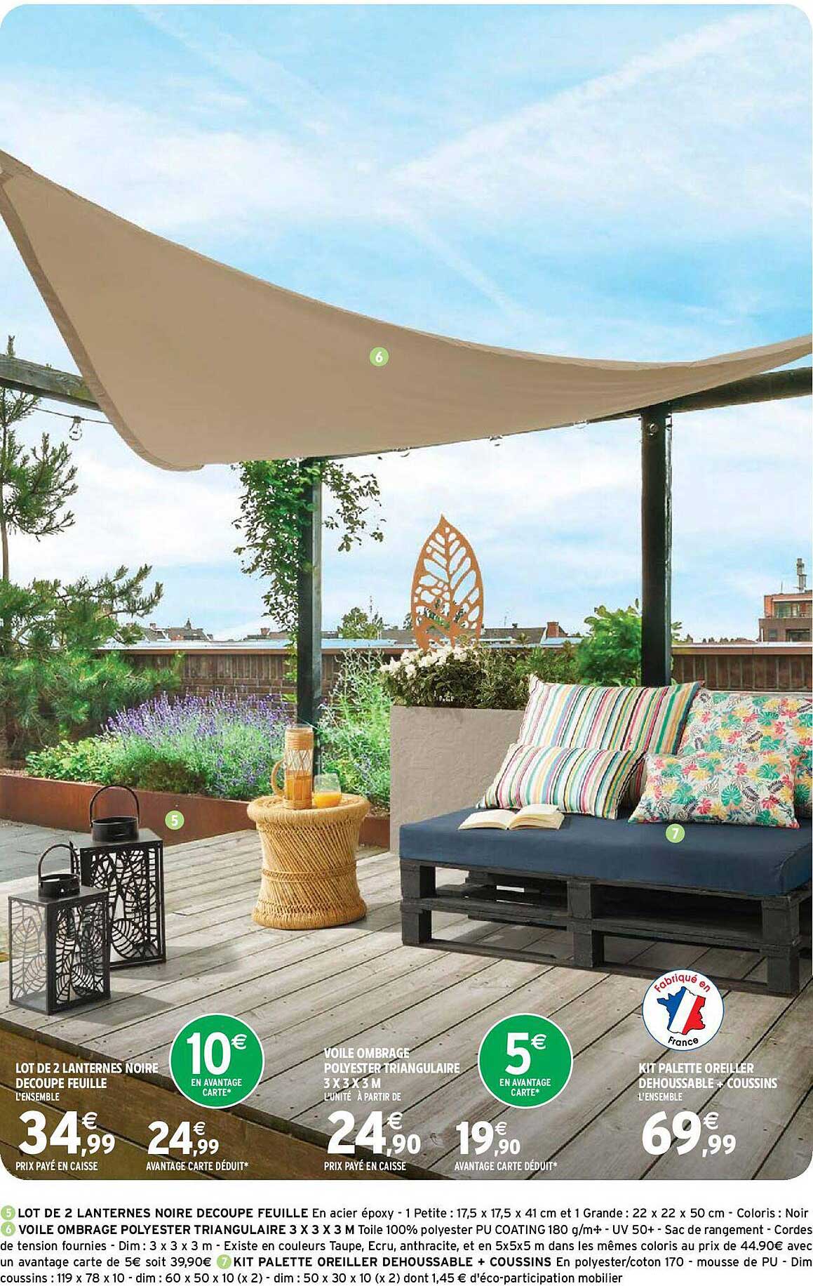 lot de 2 lanternes noire découpé feuille, voile ombrage polyester triangulaire 3 x 3 x 3 m, kit palette oreiller déhoussable + coussins