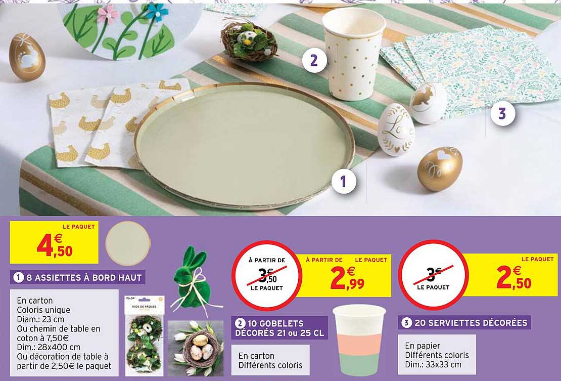 8 assiettes à bord haut, 10 gobelets décorés 21 ou 25cl, 20 serviettes décorées