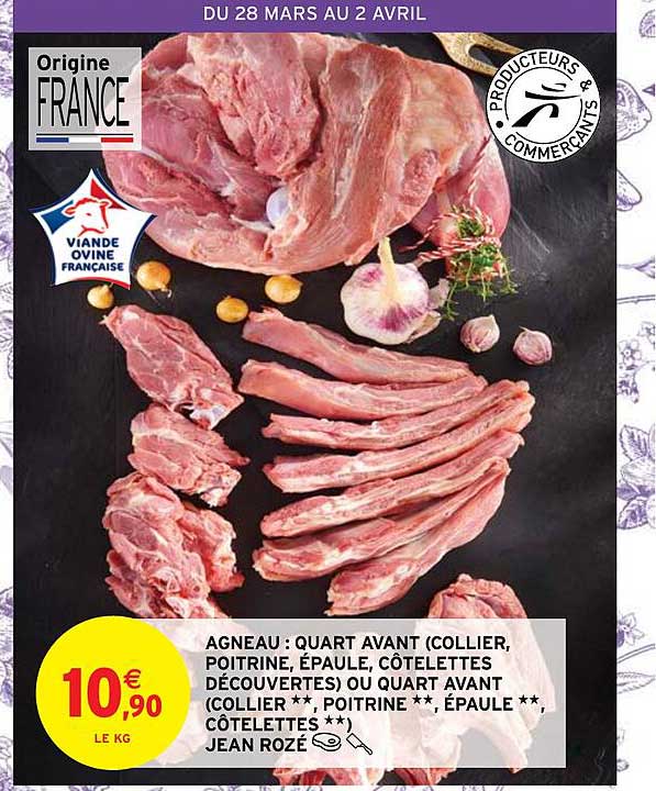 agneau : quart avant (collier, poitrine, épaule, côtelettes découvertes) ou quart avant (collier**, poitrine**, épaule**, côtelettes**) jean rozé