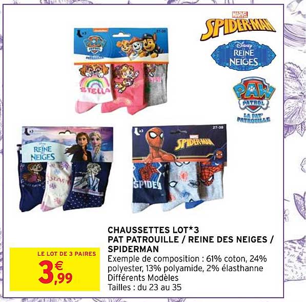 chaussettes lot 3 pat patrouille-reine des neiges-spiderman
