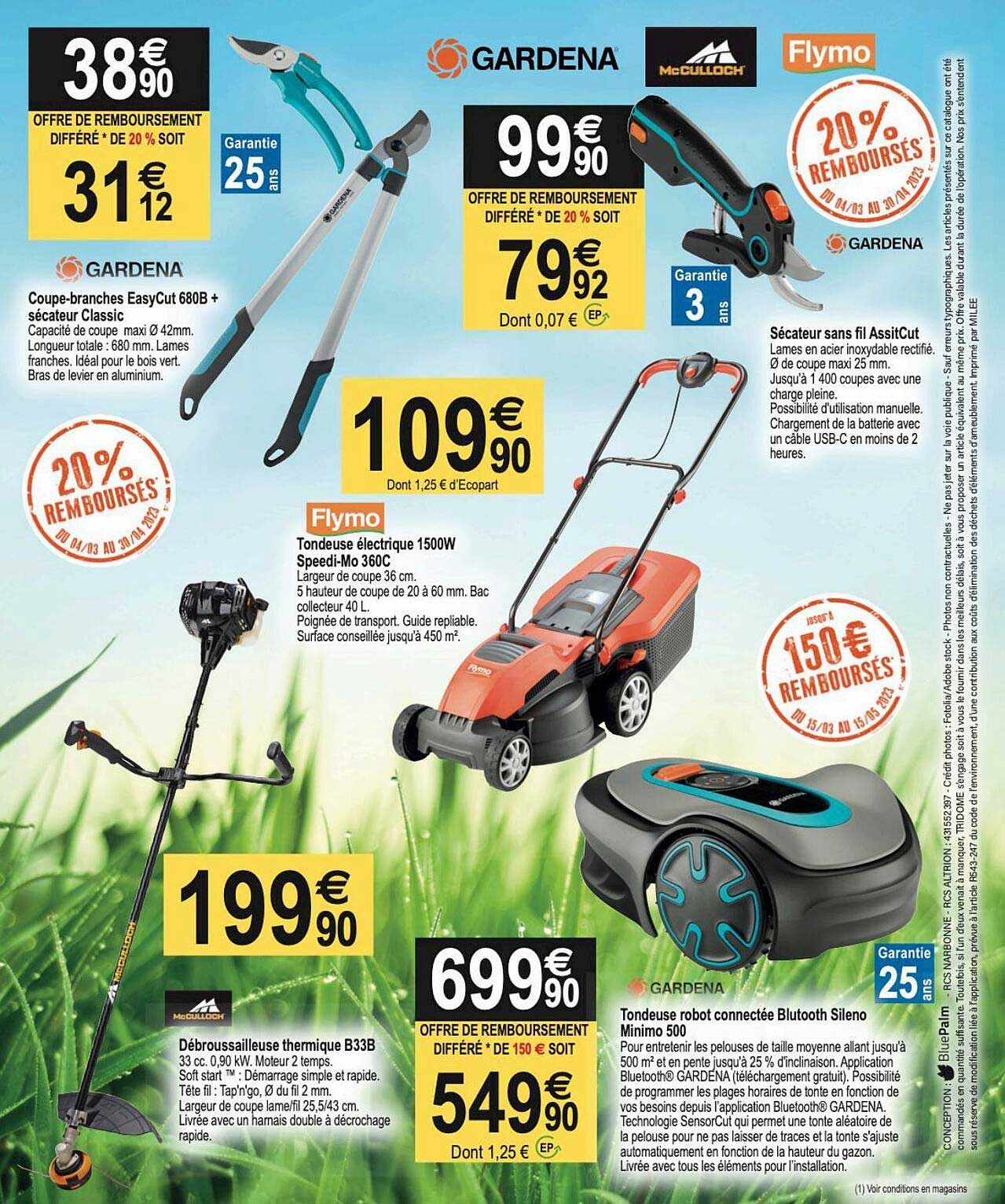 coupe-branches easyCut680b + sécateur classic, tondeuse électrique 1500w speedi-Mo 360C, débrousailleuse thermique b33b, tondeuse robot connectée bluetooth sileno minimo 500, sécateur sans fil assitCu