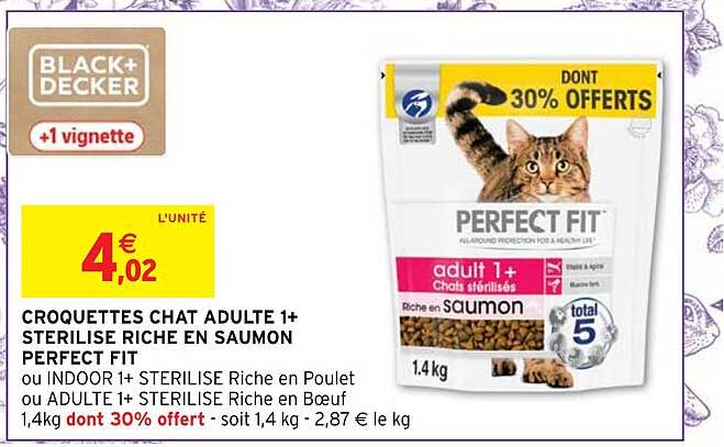 croquettes chat adulte 1+ stérilisé riche en saumon perfect fit