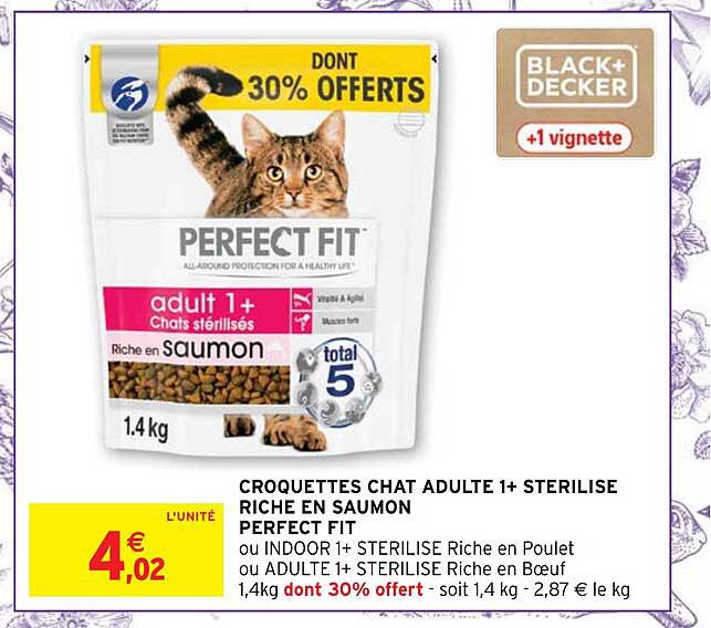 croquettes chat adulte 1+ stérilisé riche en saumon perfect fit