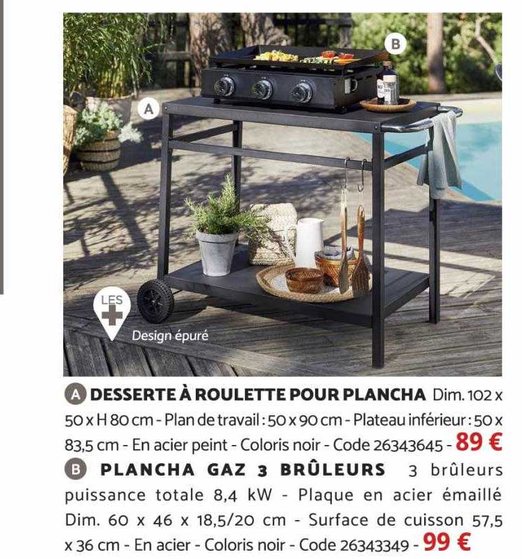 desserte à roulette pour plancha, plancha gaz 3 brûleurs