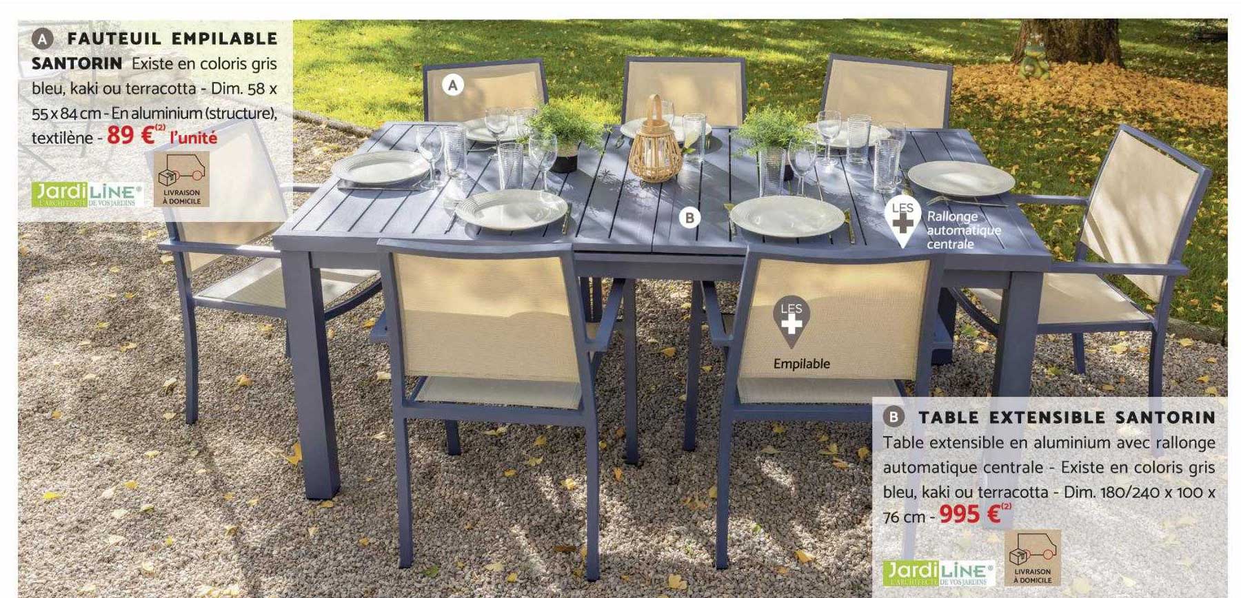 fauteuil empilable santorin, table extensible santorin